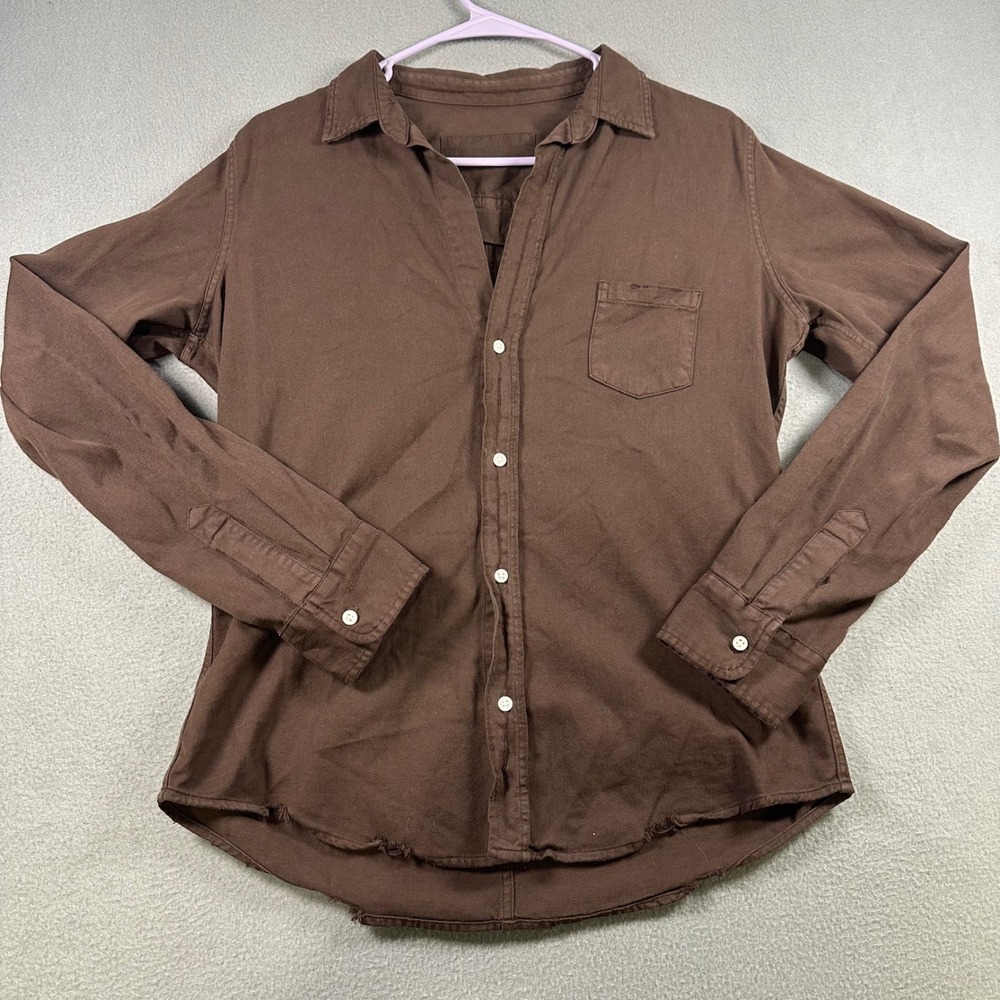Frank & Eileen Barry Brown Cotton Button Up Shirt Made in USA Distressed Hem